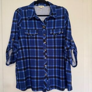 Women’s Blue Plaid Flannel Plus Size Top 1X Western Button Up